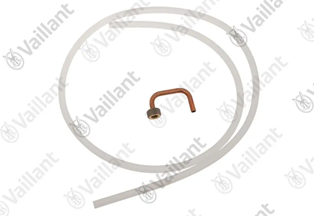 Vaillant-Rohr und -Bogen, bestehend aus transparentem Schlauchmaterial und einem gebogenen Kupferteil, in neutralem Hintergrund.